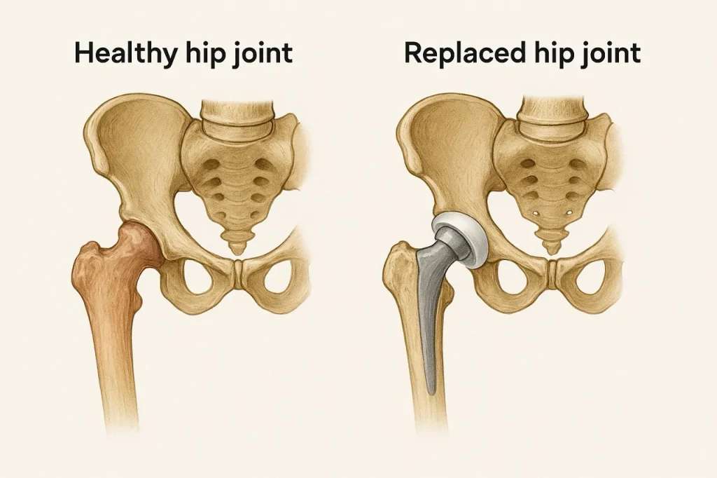 healthy hip joint vs replaced hip joint