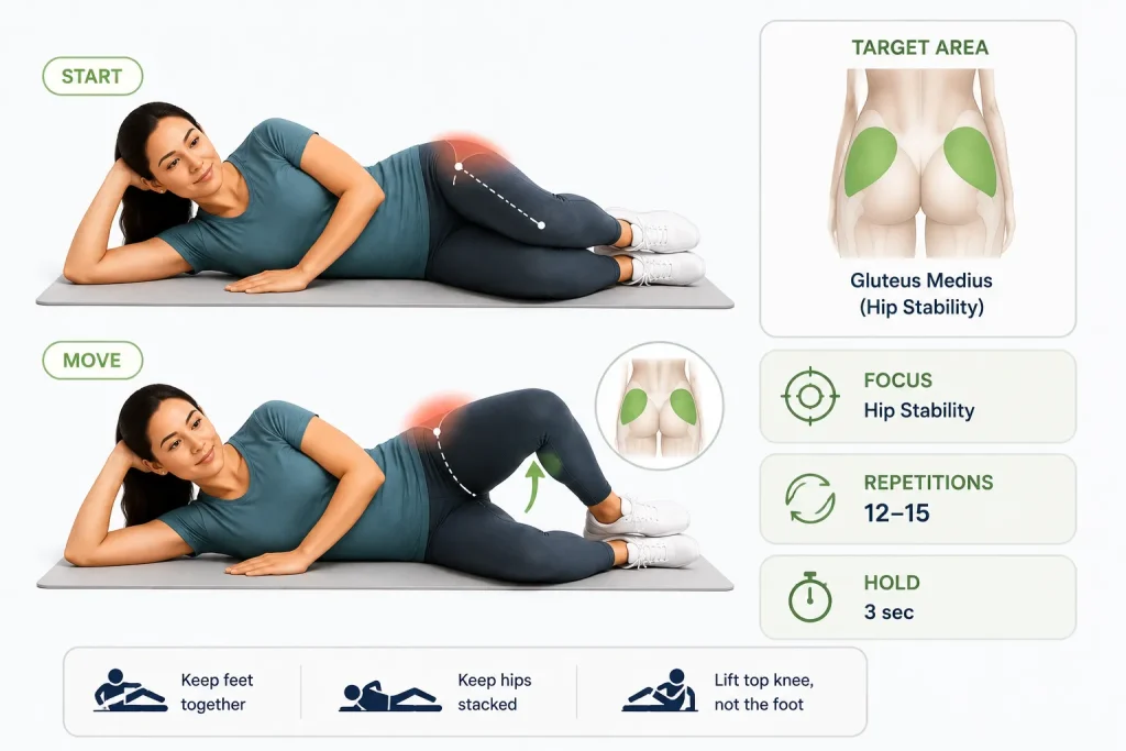 Clamshell exercise to improve hip stability and knee alignment