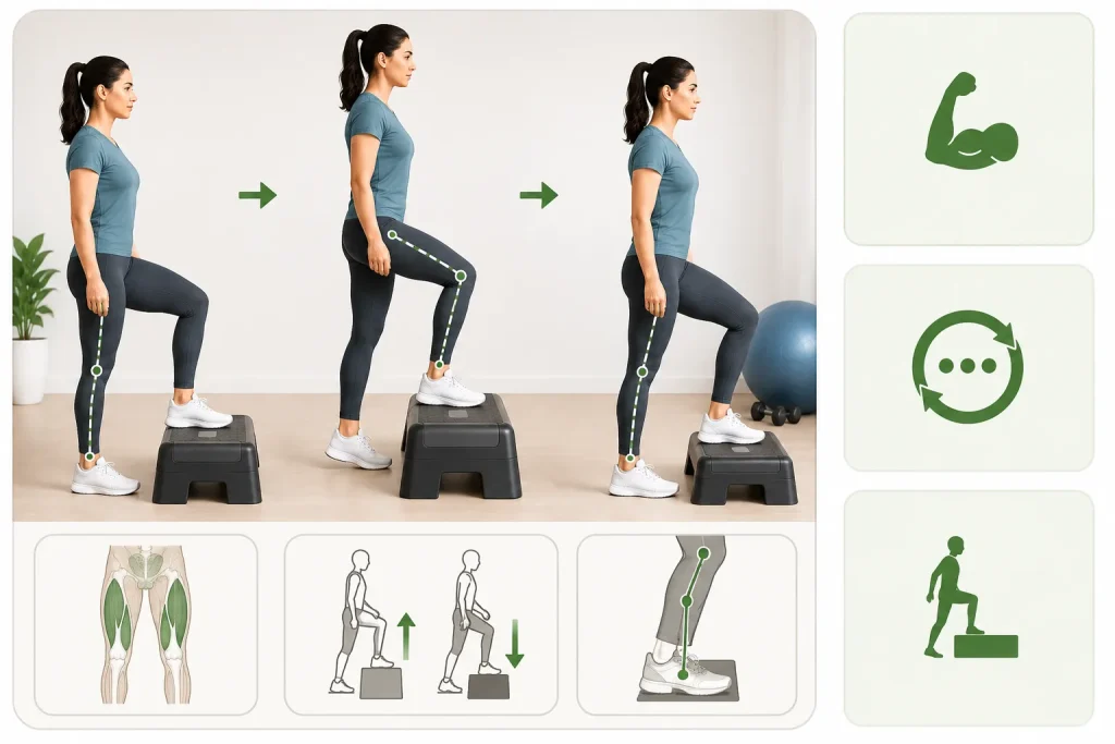 Step-up exercise to strengthen legs and improve knee tracking